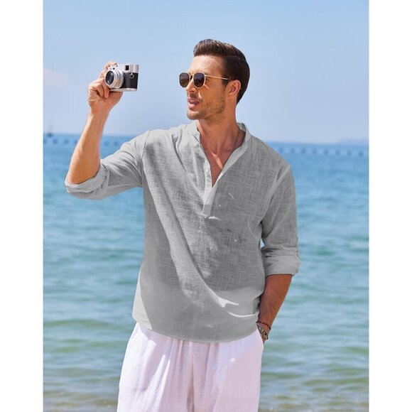 Men's Cotton Linen Henley Shirt Long Sleeve Casual Beach T Shirts Gray - Picture 6 of 7